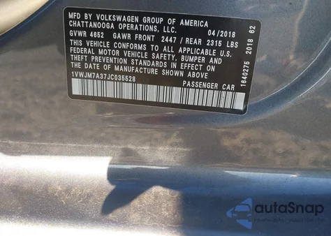 2018 Volkswagen Passat 3.6L V6 Gt из США, поврежденный, VIN 1VWJM7A37JC035528